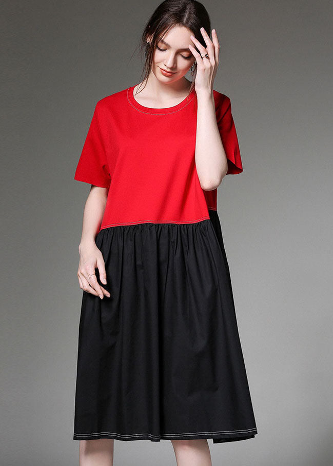 Chic Colorblock O Neck Patchwork Cotton Dress Half Sleeve LY0030