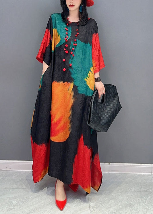 Chic Colorblock O Neck Print Patchwork Cotton Maxi Dress Spring LC0358