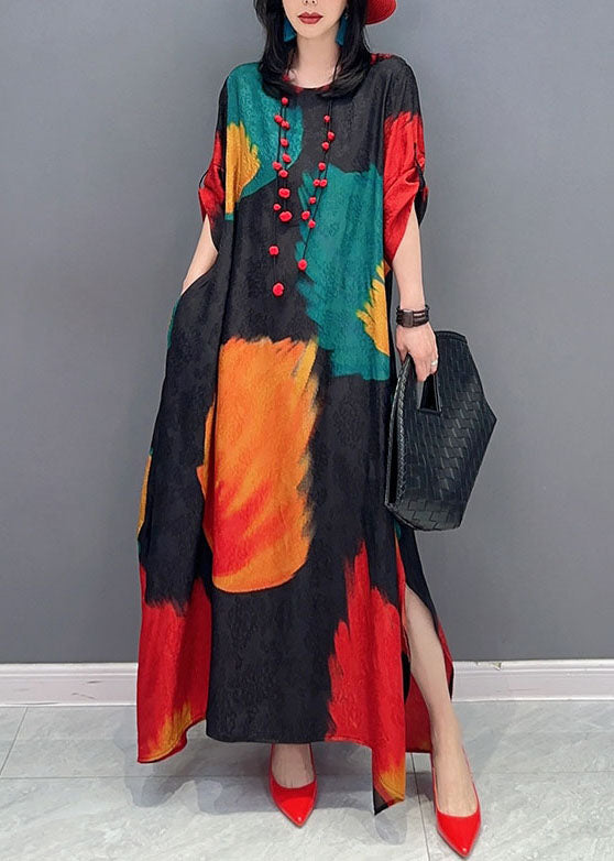 Chic Colorblock O Neck Print Patchwork Cotton Maxi Dress Spring LC0358