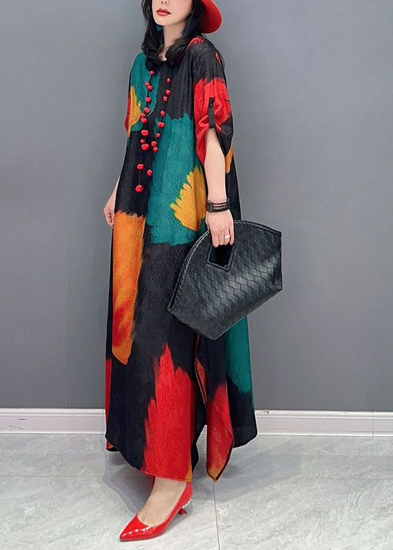 Chic Colorblock O Neck Print Patchwork Cotton Maxi Dress Spring LC0358