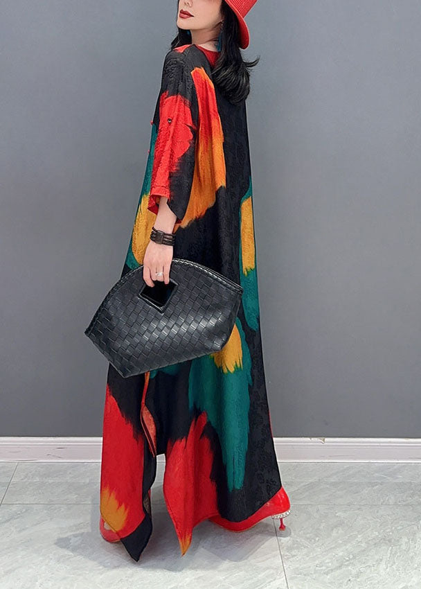 Chic Colorblock O Neck Print Patchwork Cotton Maxi Dress Spring LC0358
