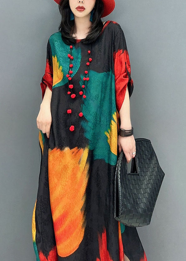 Chic Colorblock O Neck Print Patchwork Cotton Maxi Dress Spring LC0358