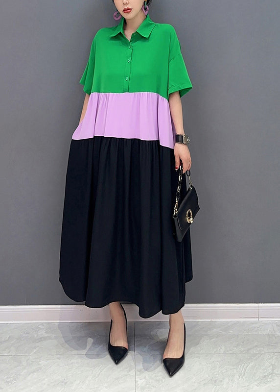 Chic Colorblock Peter Pan Collar Patchwork Cotton A Line Dress Short Sleeve LY0550