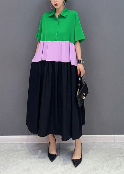 Chic Colorblock Peter Pan Collar Patchwork Cotton A Line Dress Short Sleeve LY0550