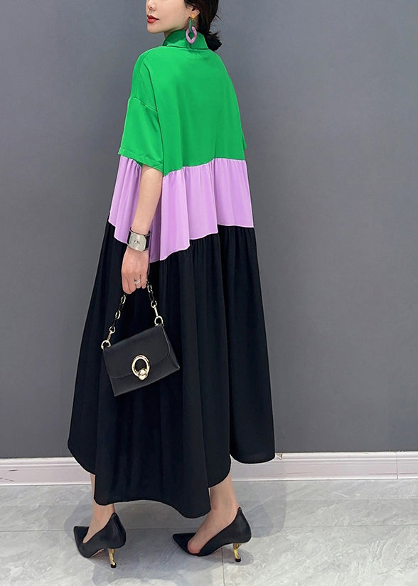Chic Colorblock Peter Pan Collar Patchwork Cotton A Line Dress Short Sleeve LY0550
