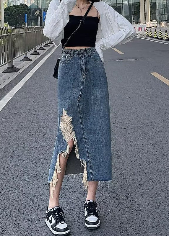 Chic Denim Blue Asymmetrical Patchwork Pockets A Line Skirt TY1023