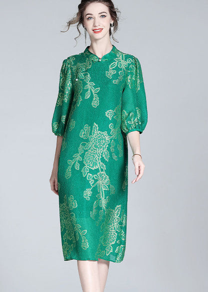 Chic Green Embroideried Patchwork Chinese Button Silk Dresses Summer LY0118