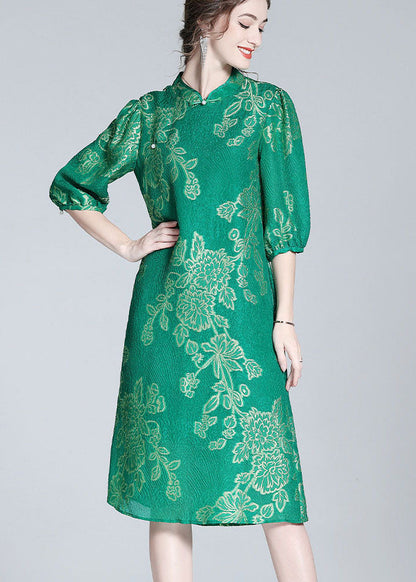 Chic Green Embroideried Patchwork Chinese Button Silk Dresses Summer LY0118