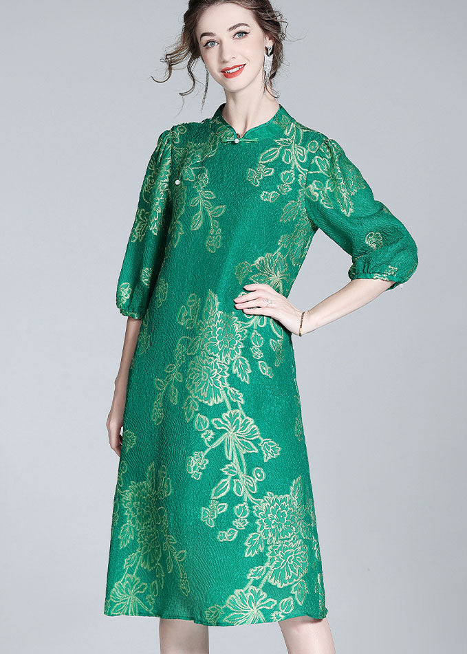 Chic Green Embroideried Patchwork Chinese Button Silk Dresses Summer LY0118