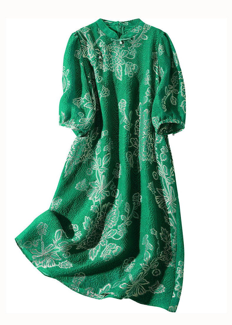 Chic Green Embroideried Patchwork Chinese Button Silk Dresses Summer LY0118