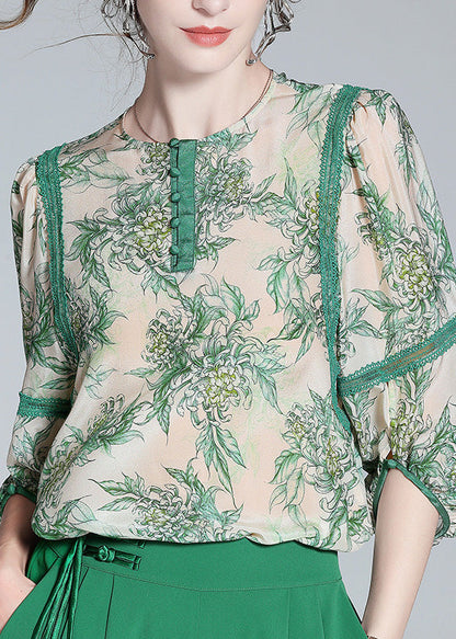 Chic Green Lace Patchwork Button Silk Top Spring LY0091