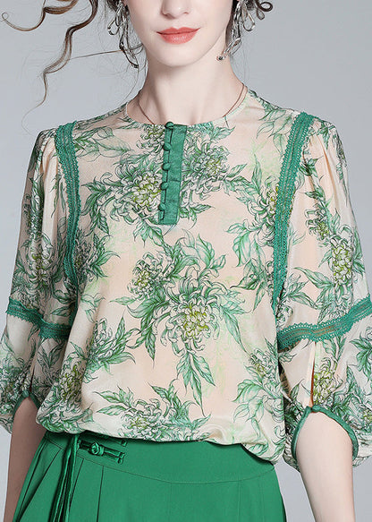 Chic Green Lace Patchwork Button Silk Top Spring LY0091