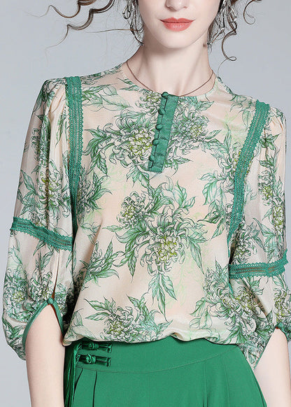 Chic Green Lace Patchwork Button Silk Top Spring LY0091