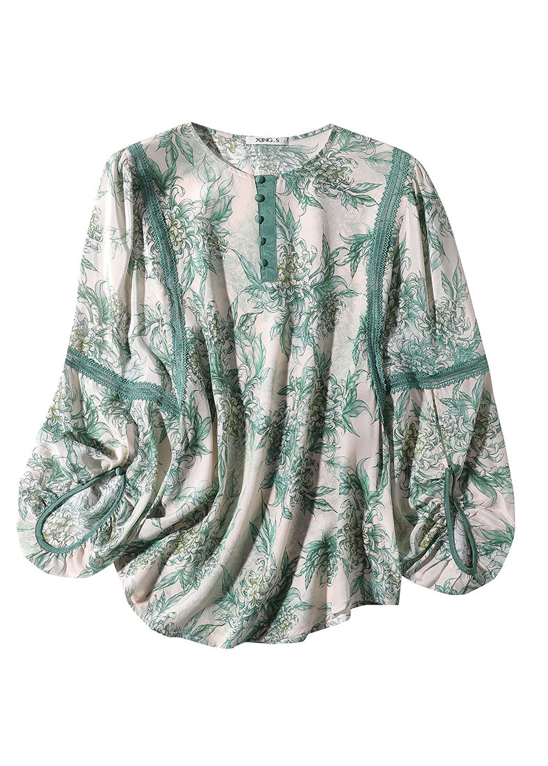 Chic Green Lace Patchwork Button Silk Top Spring LY0091