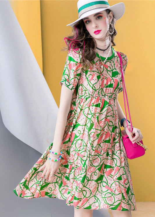 Chic Green O Neck Print Patchwork Silk A Line Dresses Summer LC0255