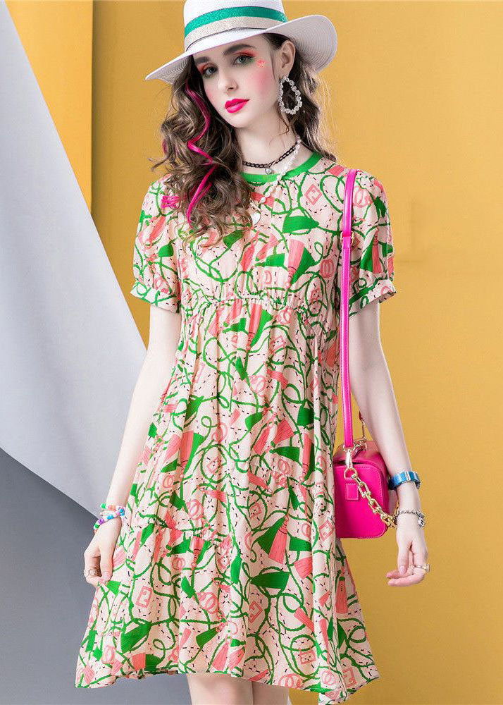 Chic Green O Neck Print Patchwork Silk A Line Dresses Summer LC0255