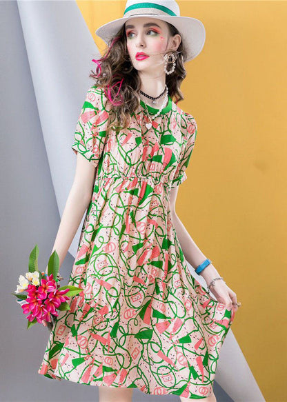 Chic Green O Neck Print Patchwork Silk A Line Dresses Summer LC0255