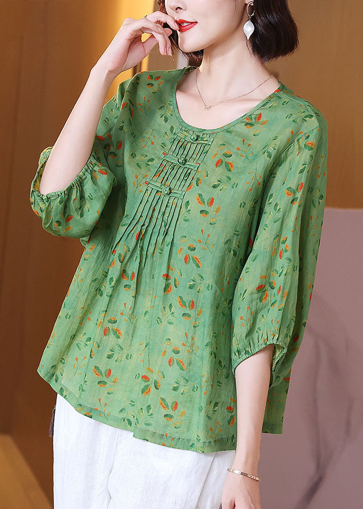 Chic Green O Neck Print Wrinkled Patchwork Linen T Shirt Tops Summer TP1044