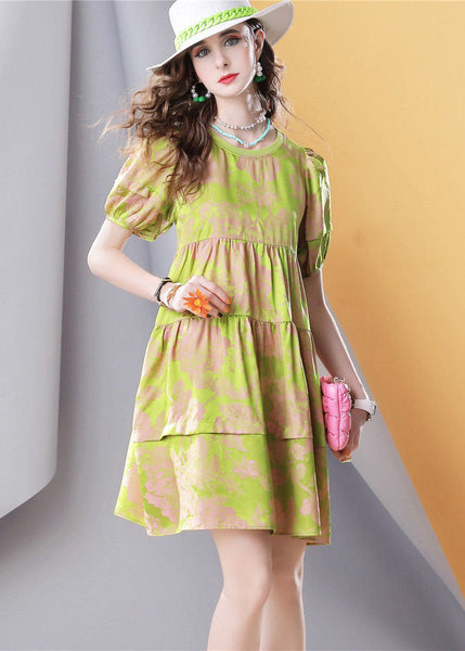 Chic Green O Neck Wrinkled Patchwork Print Silk Dress Summer LC0251