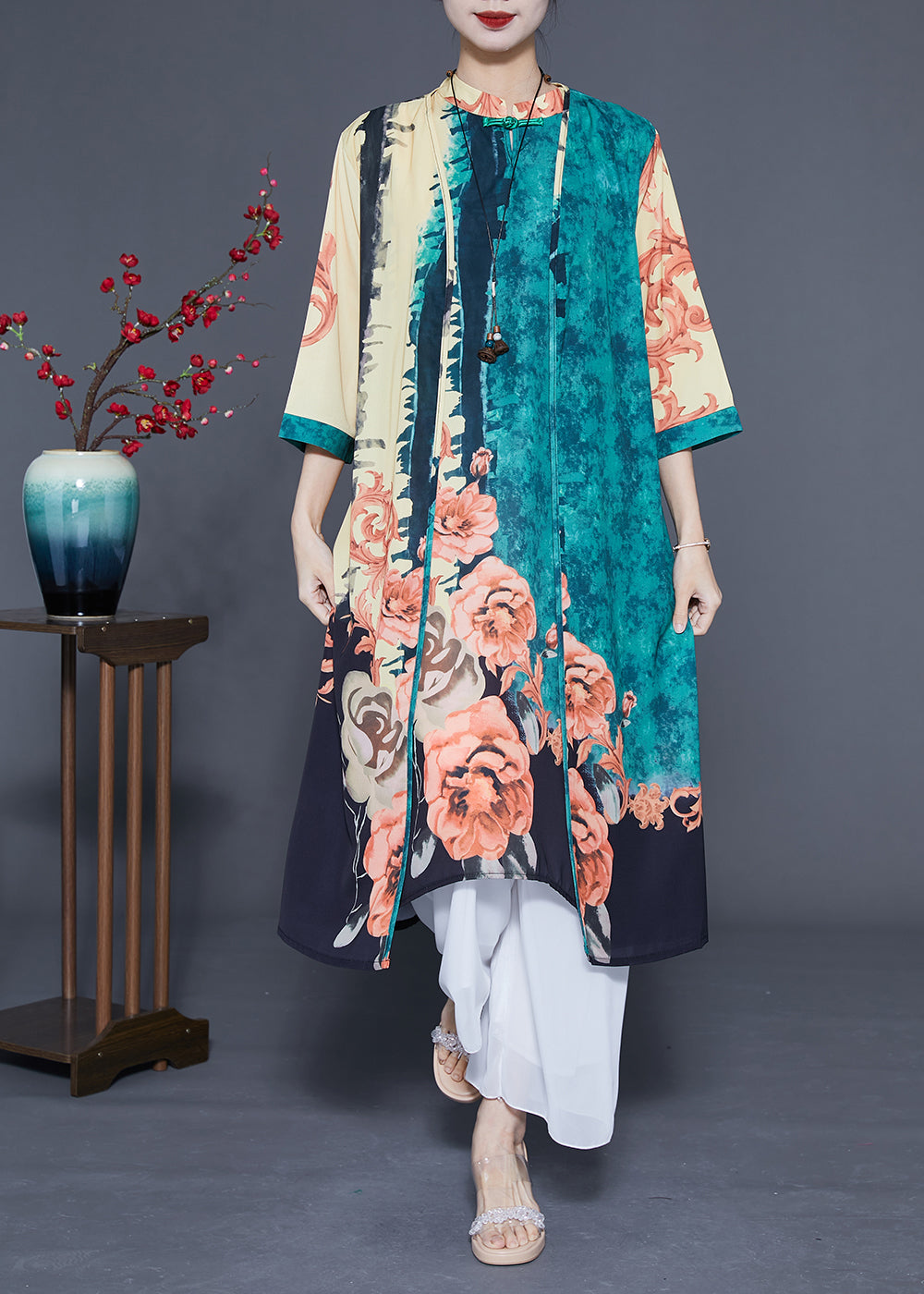 Chic Green Oversized Print Chinese Style Silk Women Sets 2 Pieces Spring LY1079