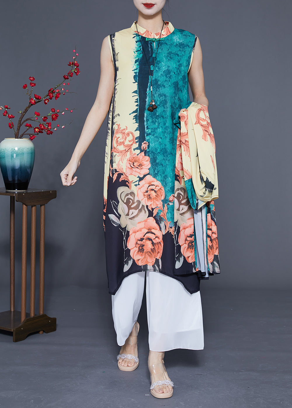 Chic Green Oversized Print Chinese Style Silk Women Sets 2 Pieces Spring LY1079