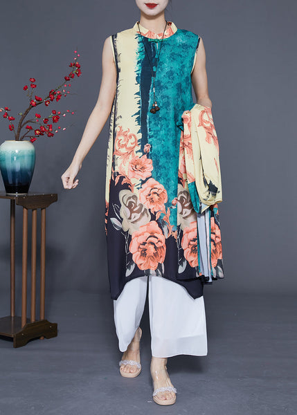 Chic Green Oversized Print Chinese Style Silk Women Sets 2 Pieces Spring LC0423