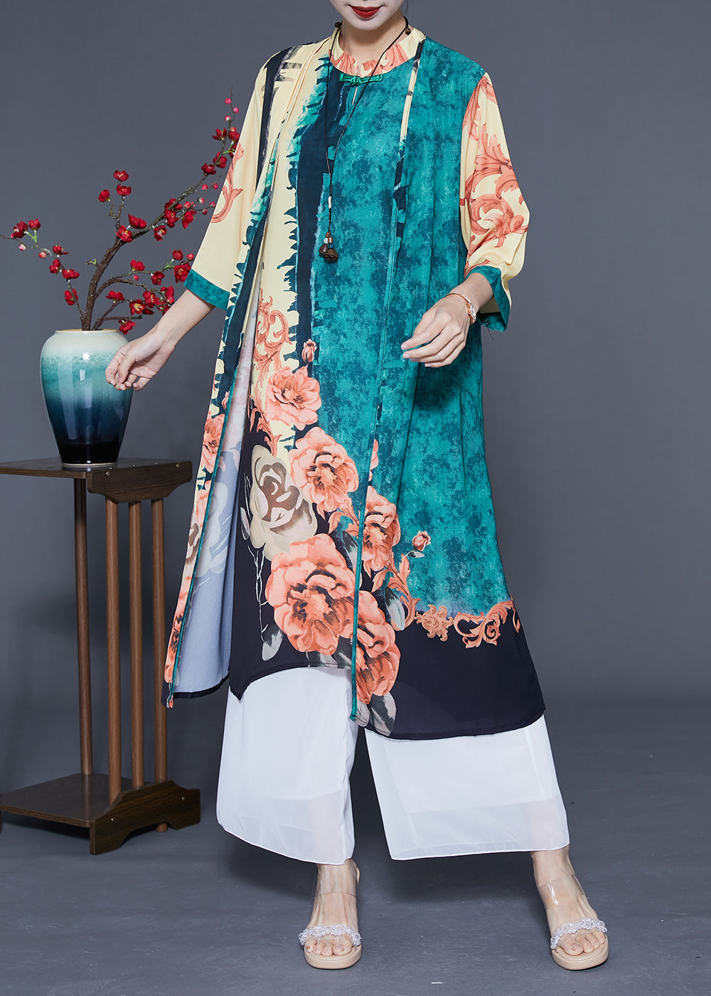 Chic Green Oversized Print Chinese Style Silk Women Sets 2 Pieces Spring LY1079