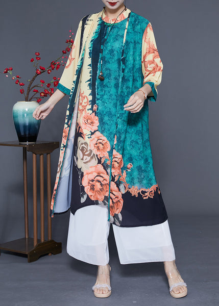 Chic Green Oversized Print Chinese Style Silk Women Sets 2 Pieces Spring LC0423