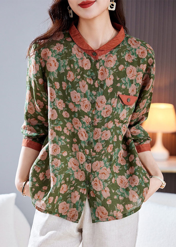 Chic Green Peter Pan Collar Print Patchwork Linen Shirt Top Long Sleeve TP1039