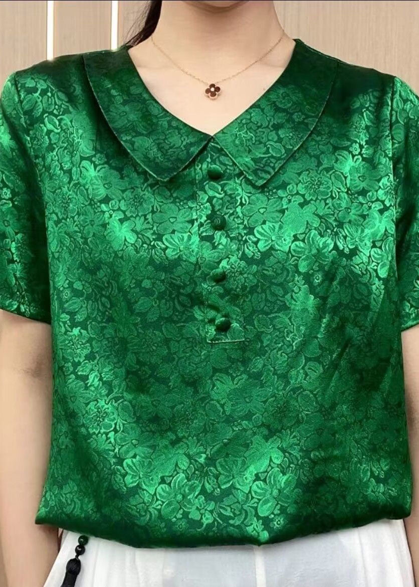 Chic Green Peter Pan Collar Print Patchwork Silk T Shirt Summer TI1032