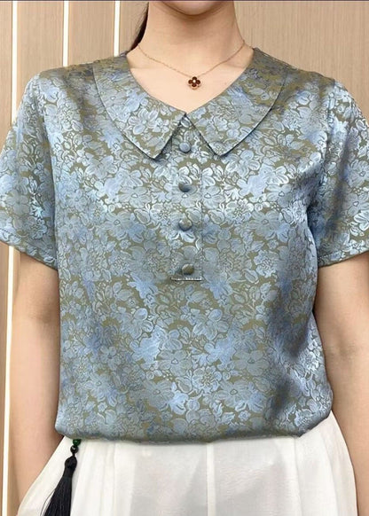 Chic Green Peter Pan Collar Print Patchwork Silk T Shirt Summer TI1032