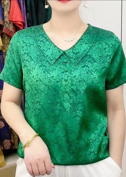 Chic Green Peter Pan Collar Print Patchwork Silk T Shirt Summer TI1032