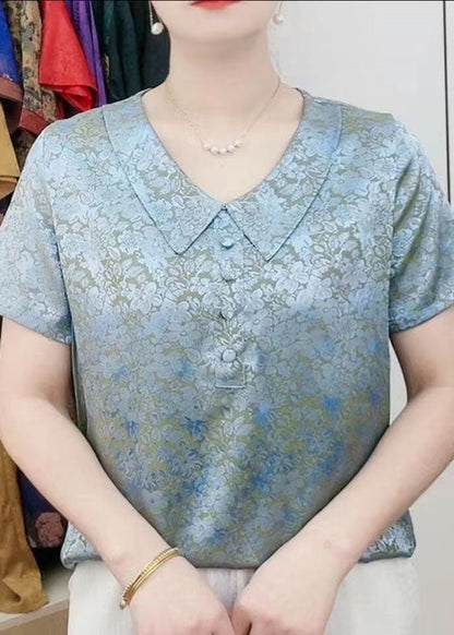 Chic Green Peter Pan Collar Print Patchwork Silk T Shirt Summer TI1032