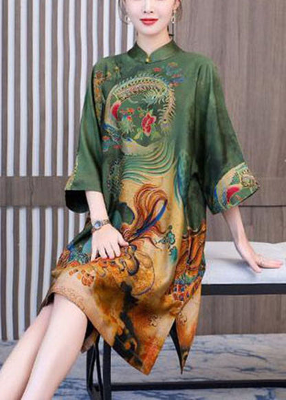 Chic Green Print Chinese Style Silk A Line Dresses Spring LC0241