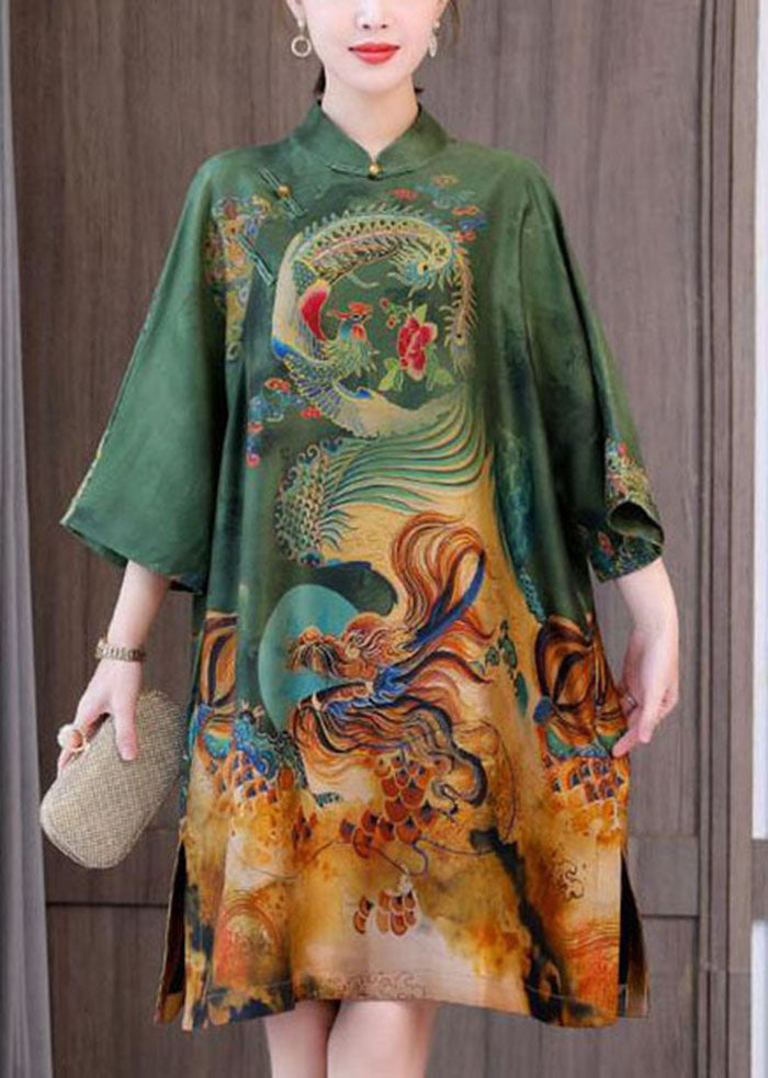 Chic Green Print Chinese Style Silk A Line Dresses Spring LC0241