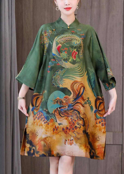 Chic Green Print Chinese Style Silk A Line Dresses Spring LY1727