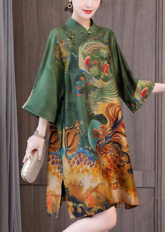 Chic Green Print Chinese Style Silk A Line Dresses Spring LC0241