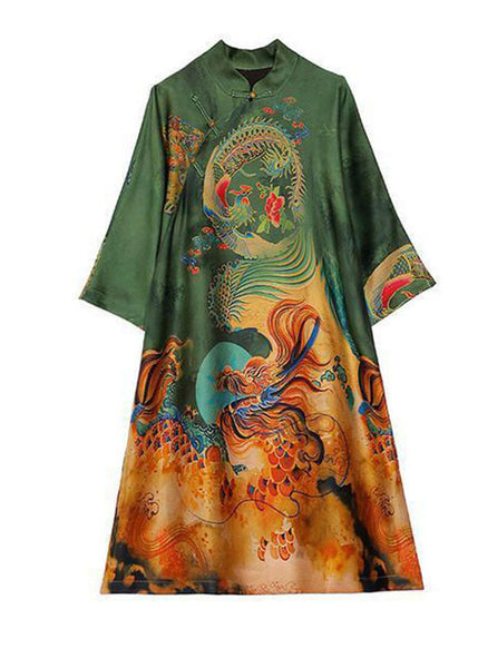 Chic Green Print Chinese Style Silk A Line Dresses Spring LY1727