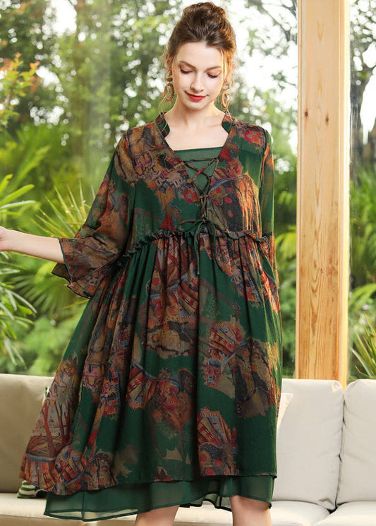 Chic Green Print Ruffled Cross Strap Chiffon Dress Flare Sleeve LY0279