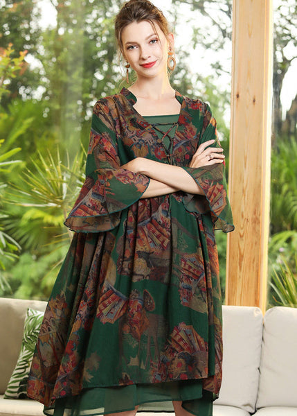 Chic Green Print Ruffled Cross Strap Chiffon Dress Flare Sleeve LY0279