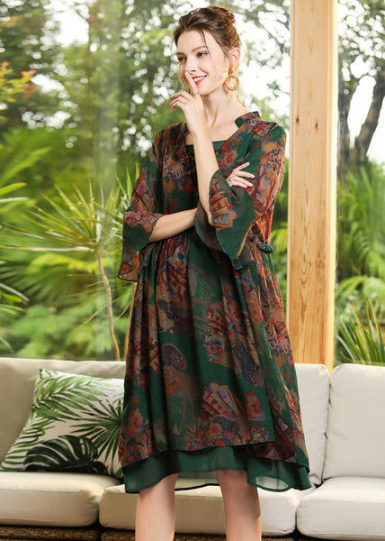 Chic Green Print Ruffled Cross Strap Chiffon Dress Flare Sleeve LY0279