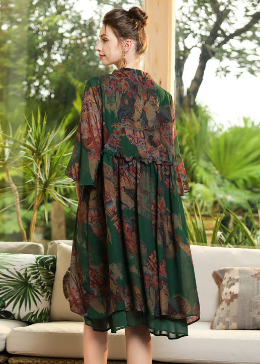 Chic Green Print Ruffled Cross Strap Chiffon Dress Flare Sleeve LY0279