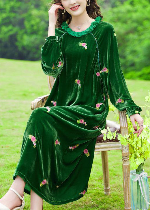 Chic Green Ruffled Embroideried Floral Silk Velour Maxi Dresses AC3004