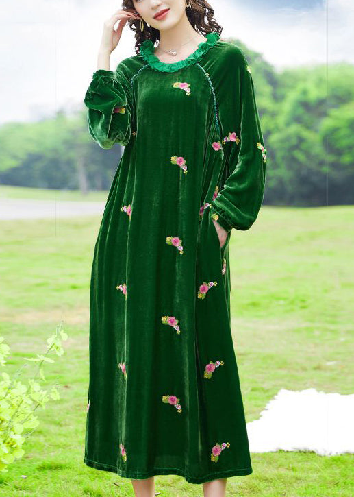 Chic Green Ruffled Embroideried Floral Silk Velour Maxi Dresses Spring LY0697