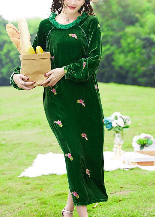 Chic Green Ruffled Embroideried Floral Silk Velour Maxi Dresses Spring LY0697