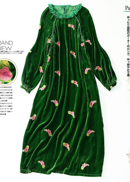 Chic Green Ruffled Embroideried Floral Silk Velour Maxi Dresses AC3004