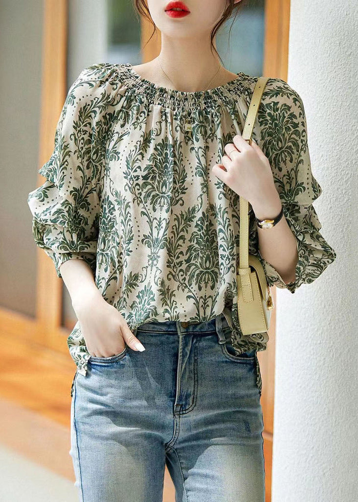 Chic Green Slash Neck Print Patchwork Chiffon Shirt Tops Summer TP1027