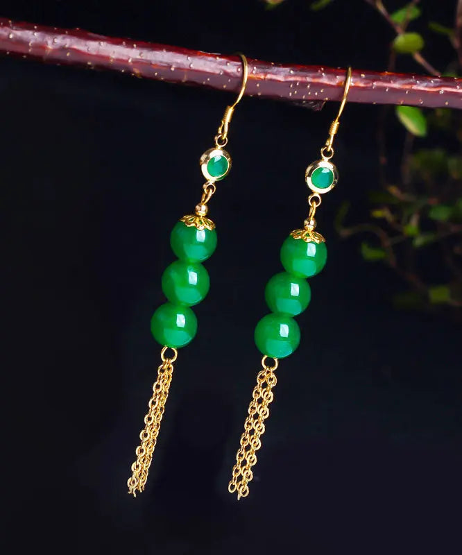 Chic Green Sterling Silver Overgild 14K Gold Jade Tassel Drop Earrings Ada Fashion