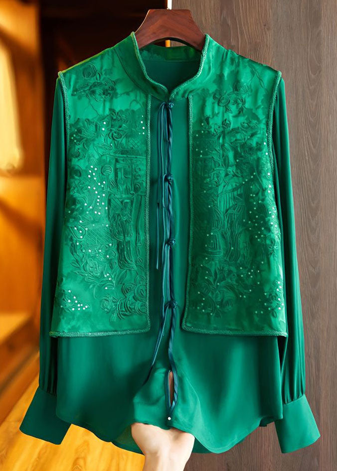 Chic Green Tasseled Jacquard Patchwork Silk Shirt Top Spring LC0232