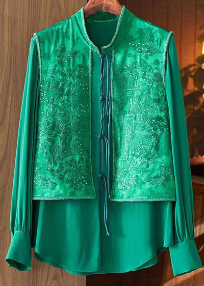 Chic Green Tasseled Jacquard Patchwork Silk Shirt Top Spring LY1701